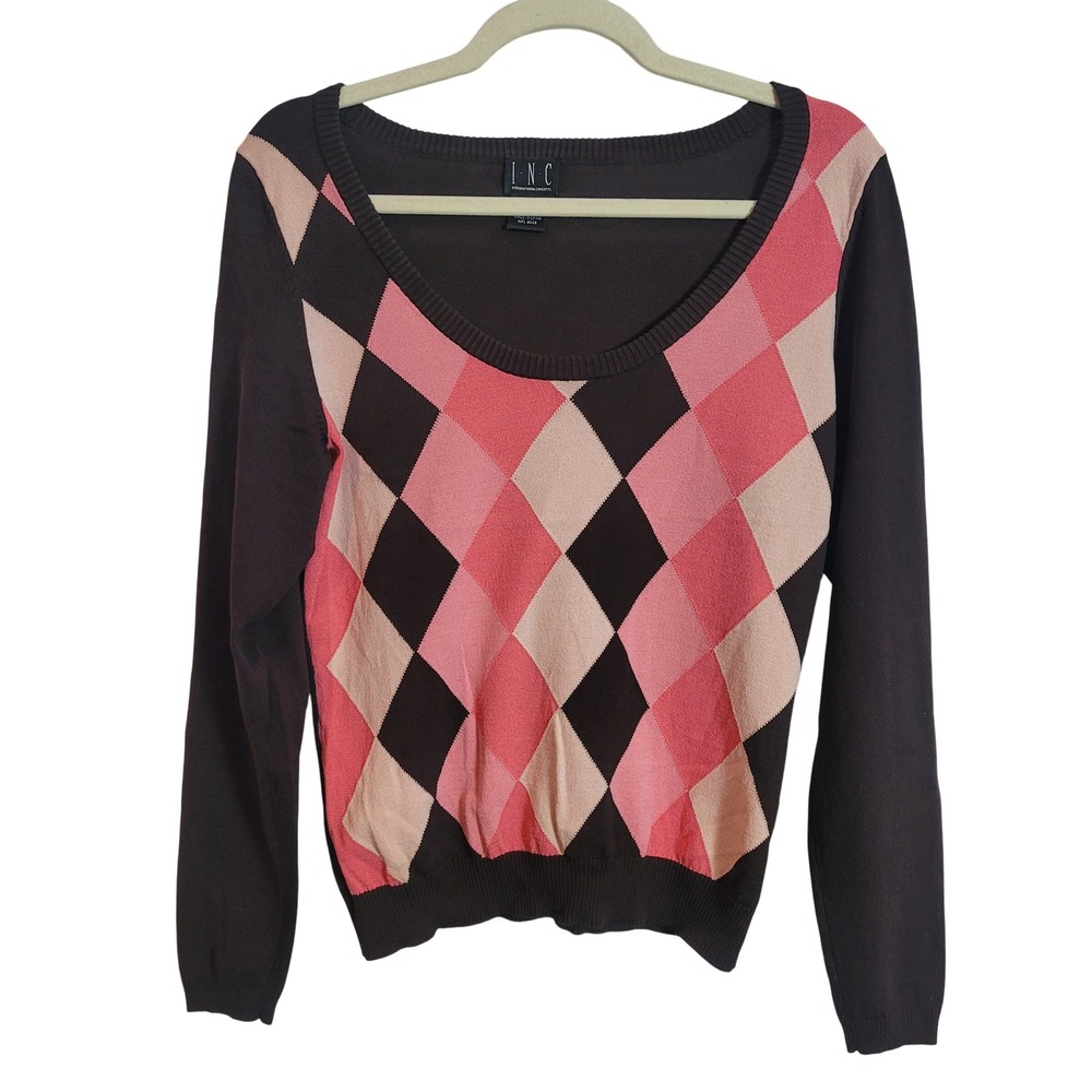 INC Y2K Brown Pink Argyle Silk Blend Scoop Neck Sweater Womens L Preppy Academia